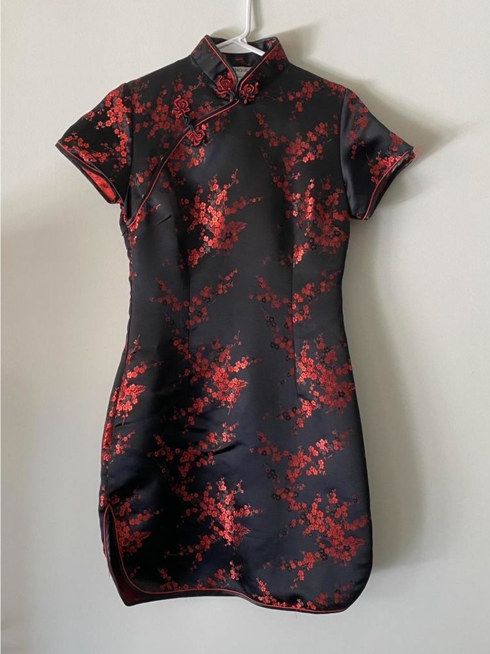 Vintage Black Mini Cheongsam with Red Floral Jacquard